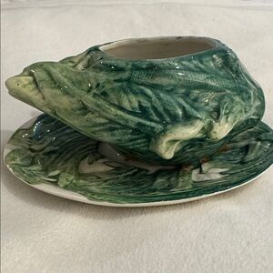 Vintage Italian Majolica green Bowl w/ Saucer Bassano Pottery Marked Italy
